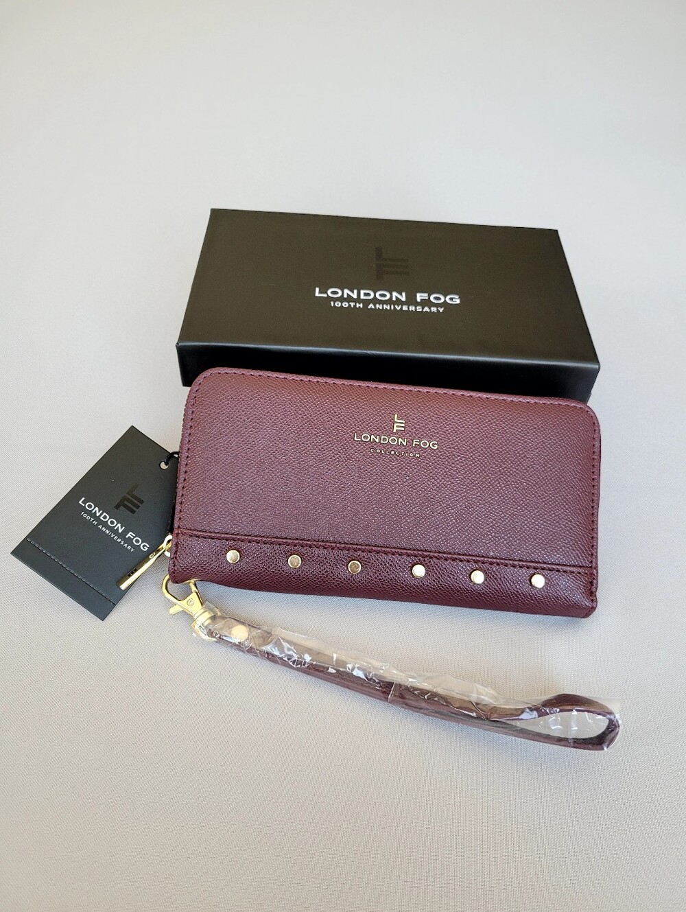 London Fog Collection Plum Zip Around Wallet Wristlet Studded